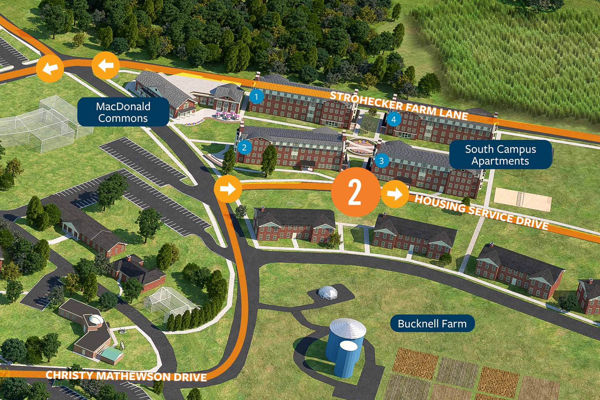 A 3D map showing Bucknell Farm, South Campus Apartments, and MacDonald Commons on the Bucknell Campus.